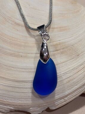 Artisan Royal Blue Sea Glass Teardrop Necklace on Sterling Silver Snake Chain